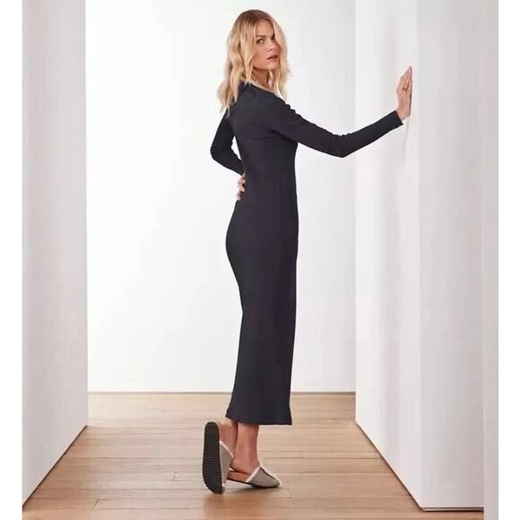 EUC James Perse Thermal Long Sleeve Maxi Dress Black Cotton Scoop Neck Rib Knit - Picture 5 of 16